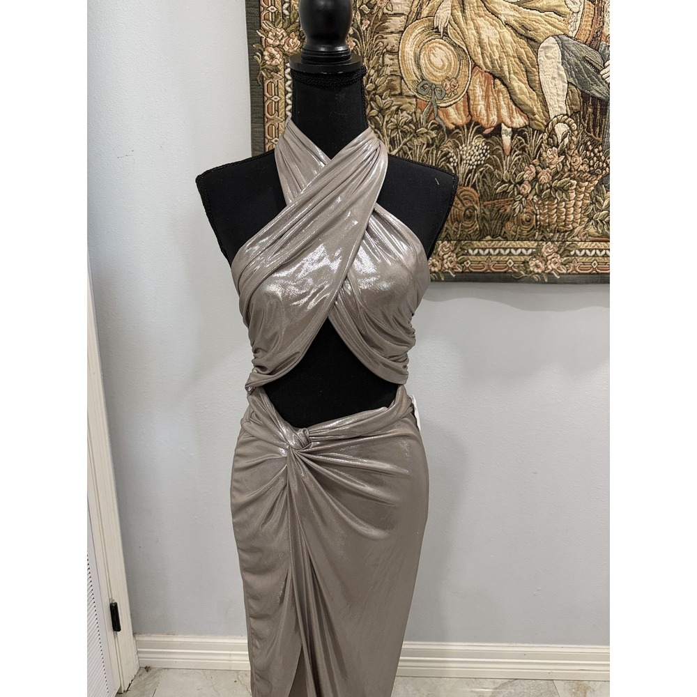 Edge by KS Dress‎ Womens Small Mud Taupe Metallic Cross Halter Maxi Gown D11791A
